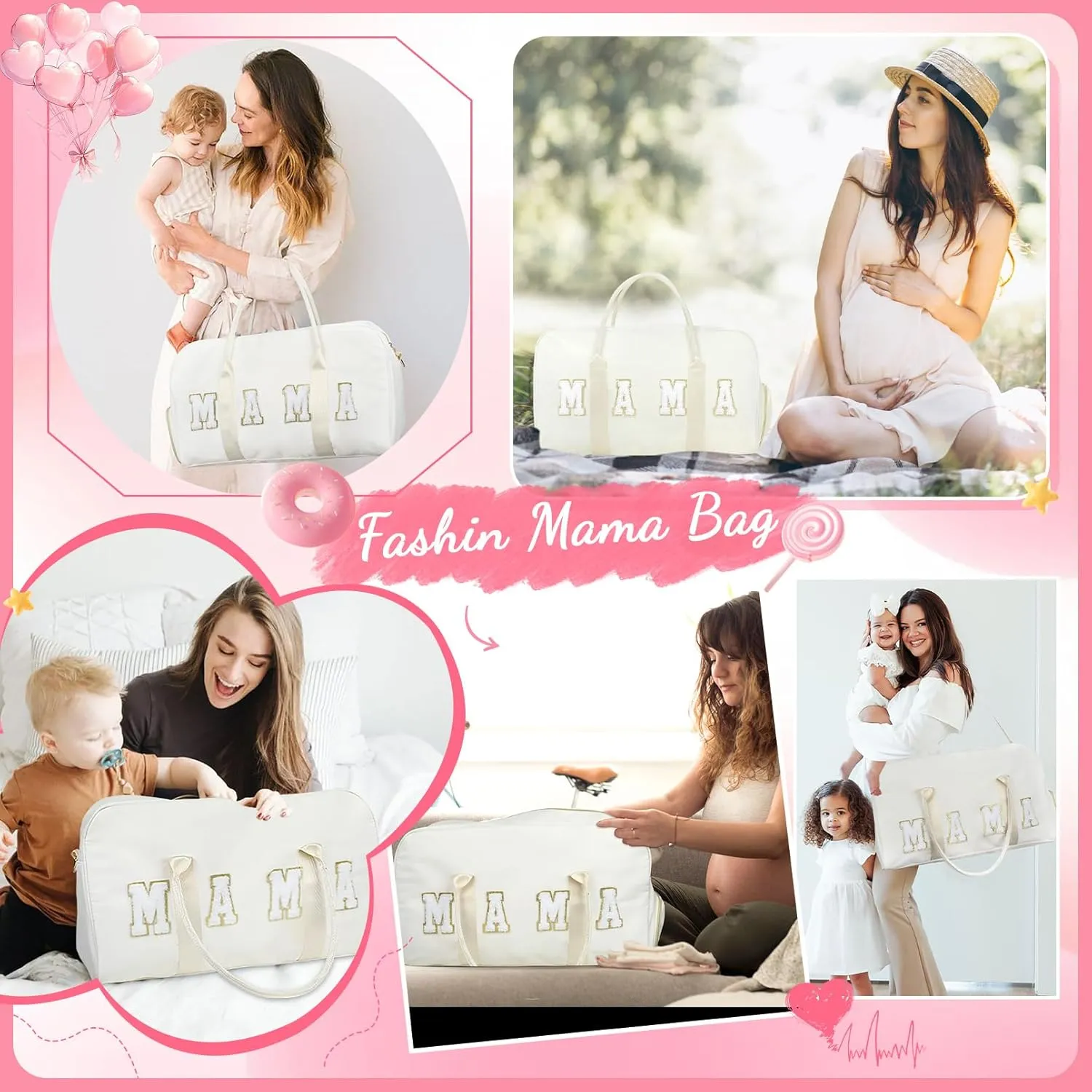 Mama Hospital Bag for Women Labor and Delivery Nylon Chenille Letter Embroidered Duffle Overnight Weekender Bag with Shoes Compartment and Mothers Day Gifts White