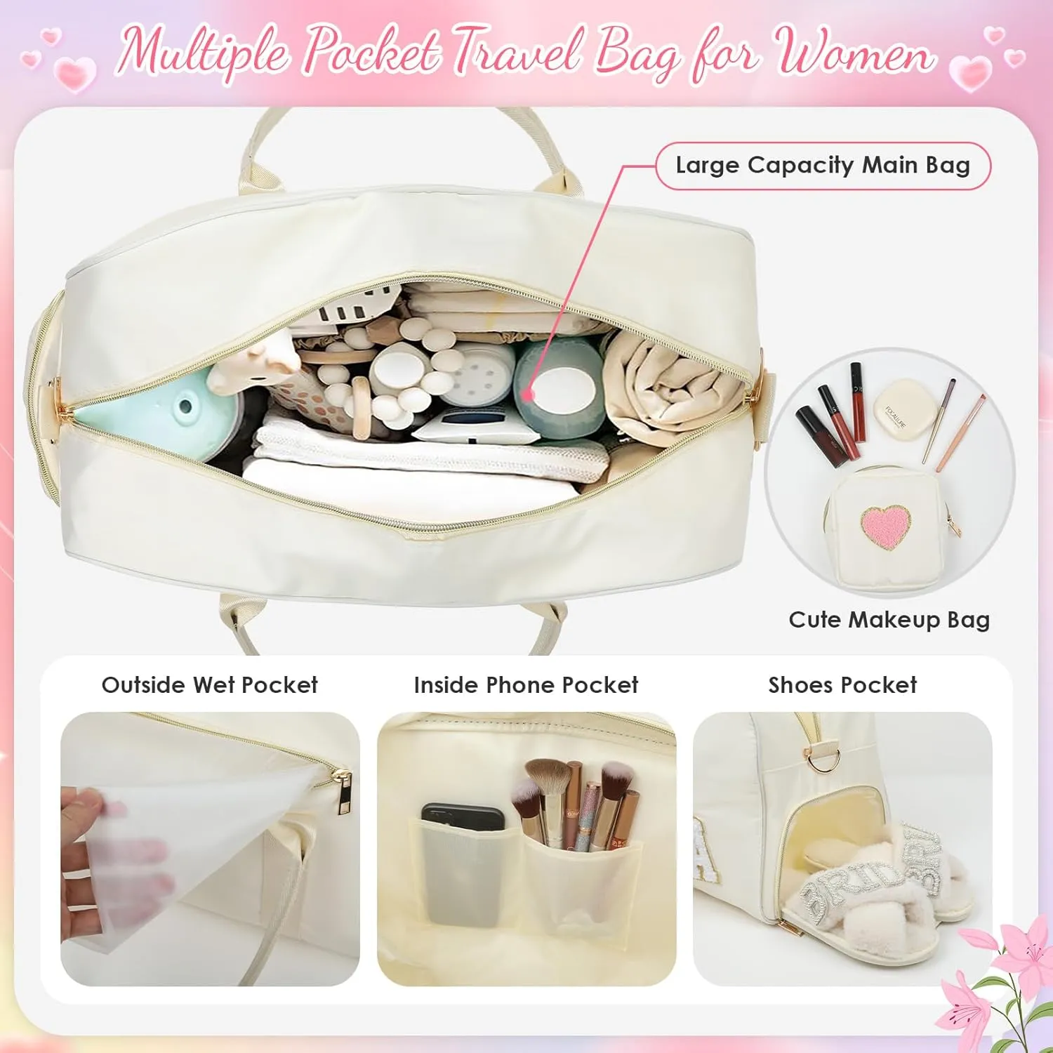 Mama Hospital Bag for Women Labor and Delivery Nylon Chenille Letter Embroidered Duffle Overnight Weekender Bag with Shoes Compartment and Mothers Day Gifts White