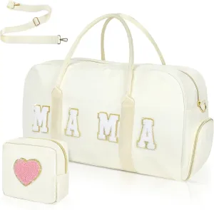 Mama Hospital Bag for Women Labor and Delivery Nylon Chenille Letter Embroidered Duffle Overnight Weekender Bag with Shoes Compartment and Mothers Day Gifts White
