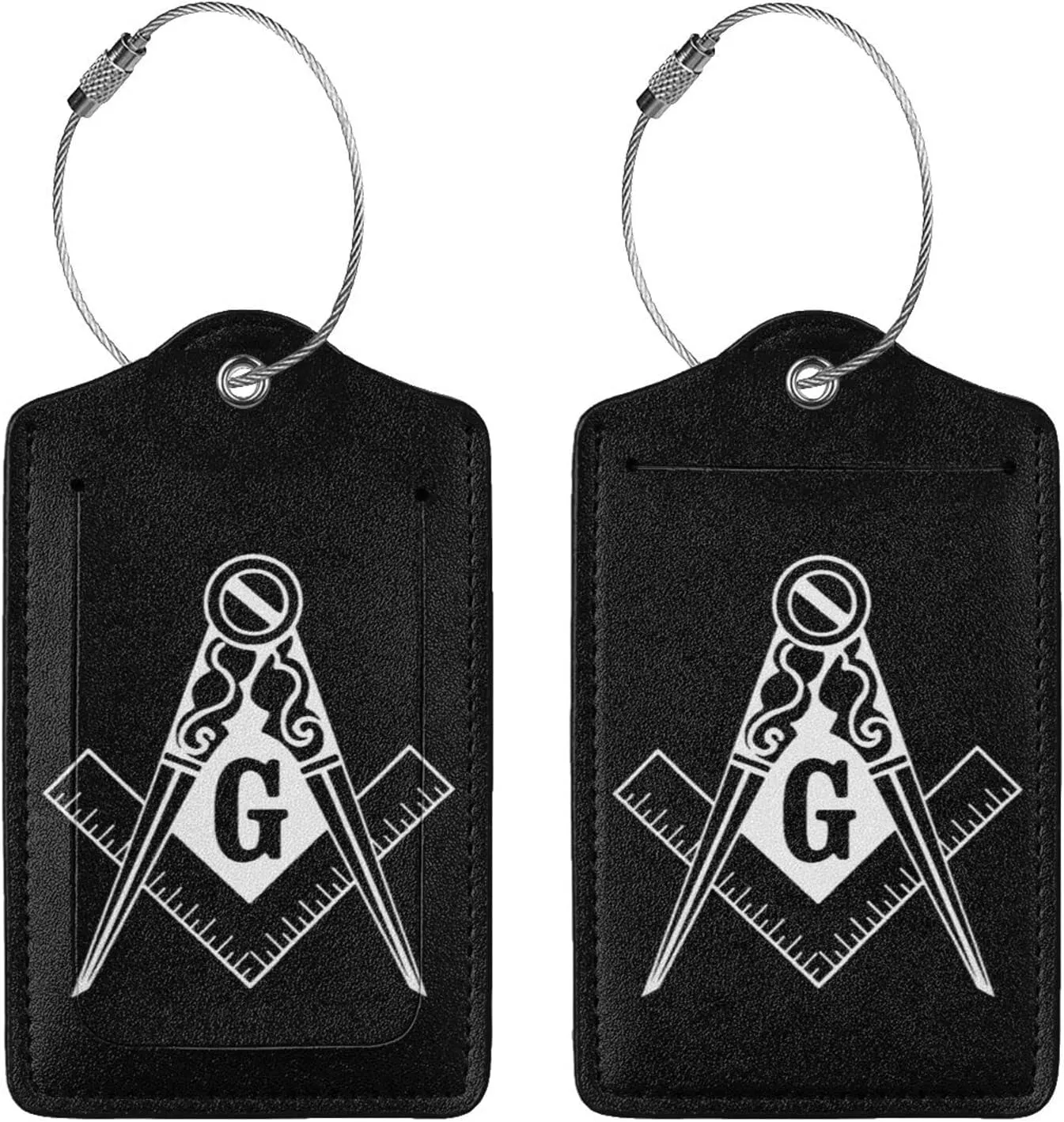 Masonic Symbols Leather Baggage Bag Luggage Tags with Stainless Steel Loop and Privacy Cover