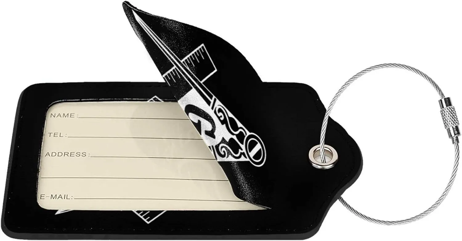 Masonic Symbols Leather Baggage Bag Luggage Tags with Stainless Steel Loop and Privacy Cover
