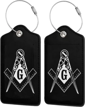Masonic Symbols Leather Baggage Bag Luggage Tags with Stainless Steel Loop and Privacy Cover