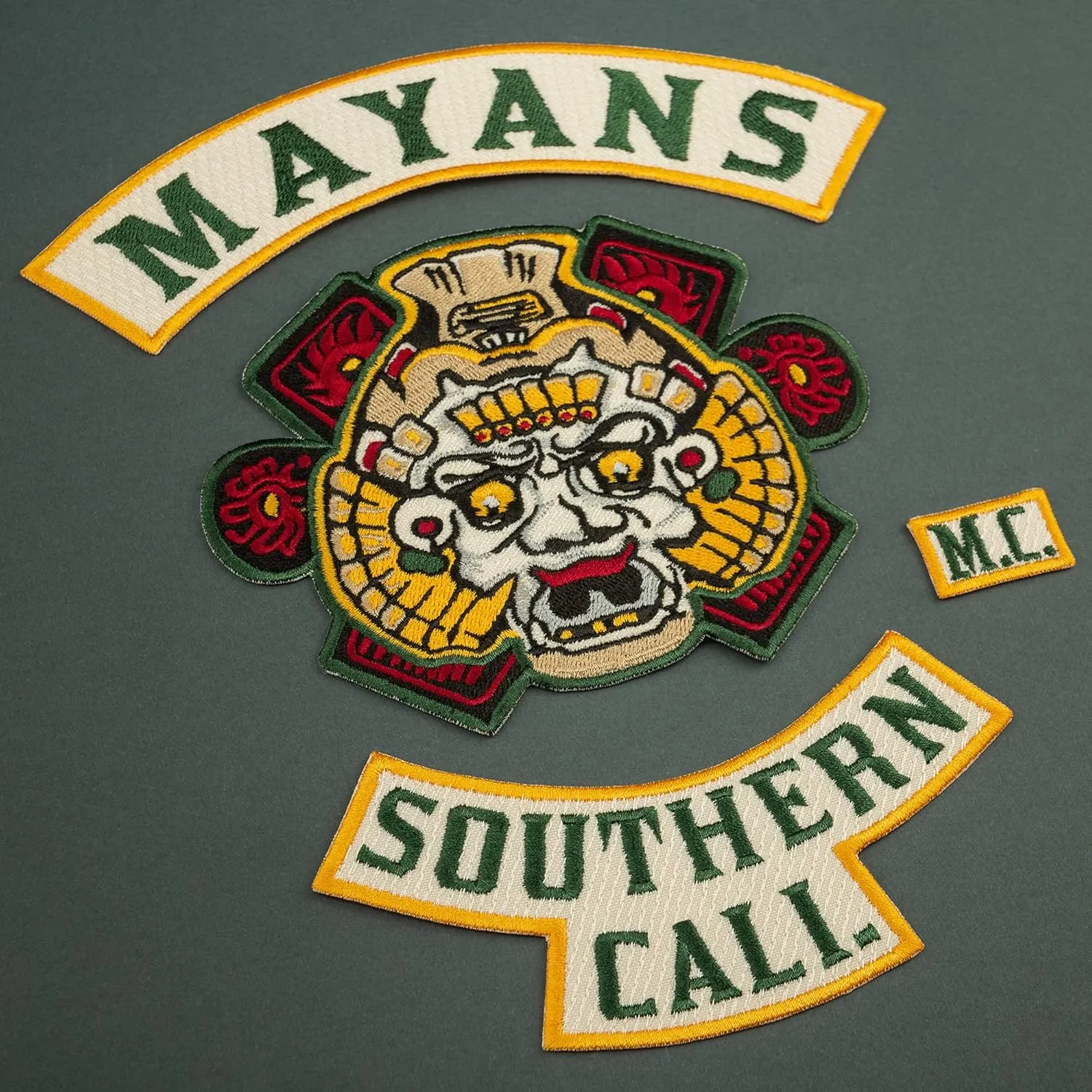Mayans Southern Cali M.C. Green Letters, Biker Gang Motorcycle Club Emblem Embroidered Back Patch Iron On (7.1 x 8.7 inches)