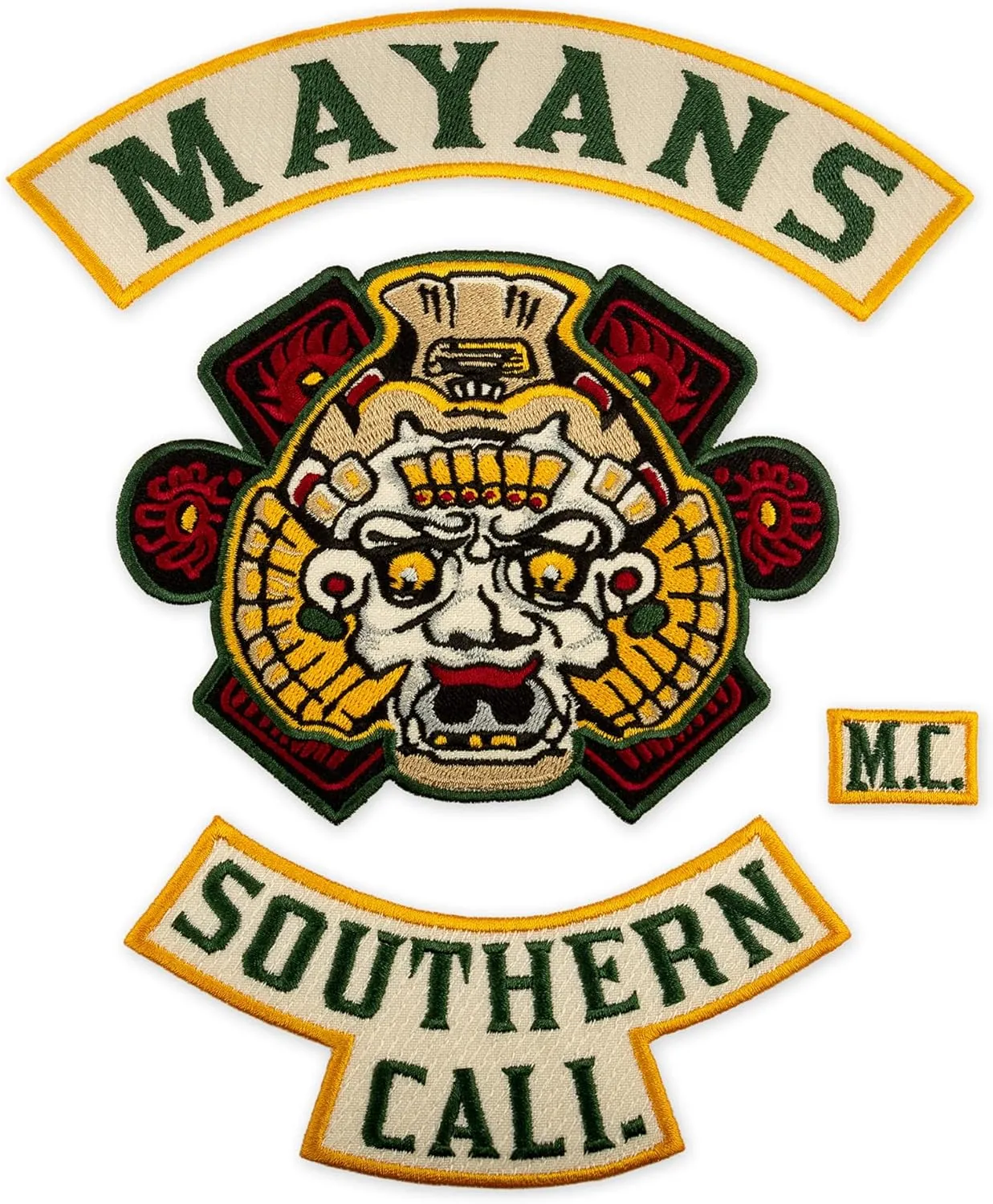 Mayans Southern Cali M.C. Green Letters, Biker Gang Motorcycle Club Emblem Embroidered Back Patch Iron On (7.1 x 8.7 inches)