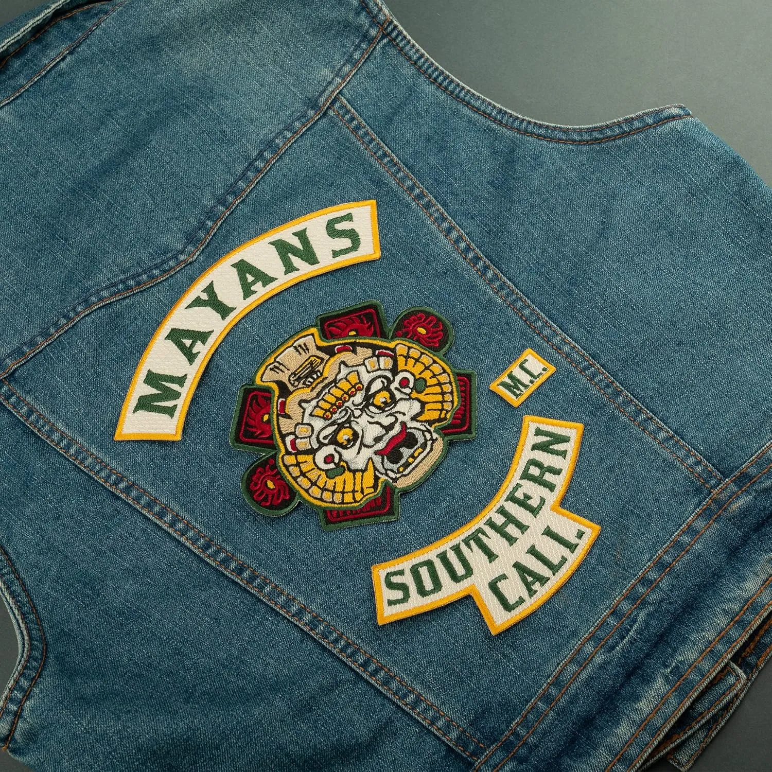 Mayans Southern Cali M.C. Green Letters, Biker Gang Motorcycle Club Emblem Embroidered Back Patch Iron On (7.1 x 8.7 inches)