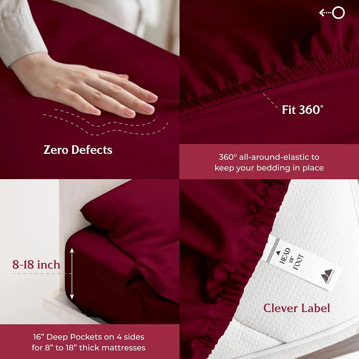 Mayfair Linen 100% Egyptian Cotton Sheets King Size - 800 High Thread Count Sheets King, 4 PC Luxury Hotel King Size Sheets Set, 16" Deep Pocket Sateen Weave Soft Cooling Bed Sheet Sets - Burgundy