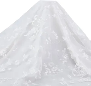 MAYJOYDIY 1 Yard 65 Inch Width White Flower Mesh Lace Fabric Floral Leaves Embroidery French Lace Trim Vintage Wedding Accessories Tulle for DIY Wedding Dresses Half Skirt Dress Curtains
