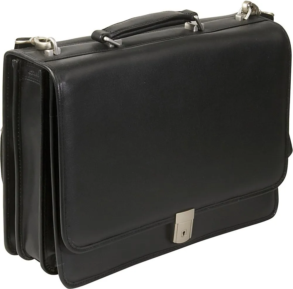 McKlein 15" Leather Triple Compartment Laptop Briefcase- RIVER NORTH- Black