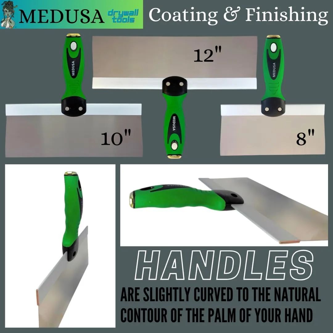 Medusa's Flexible Stainless Steel Drywall Taping Knife Set with 12" Mud Pan and Grip, Strong Flexible Putty Blades, 8 10 and 12" Coating Blades with Curved Handles Contoured to the Palm of Your Hand