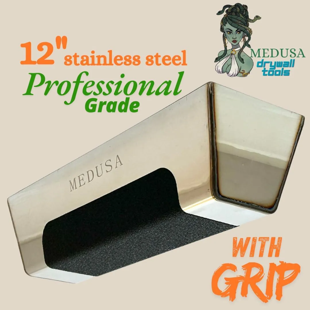 Medusa's Flexible Stainless Steel Drywall Taping Knife Set with 12" Mud Pan and Grip, Strong Flexible Putty Blades, 8 10 and 12" Coating Blades with Curved Handles Contoured to the Palm of Your Hand