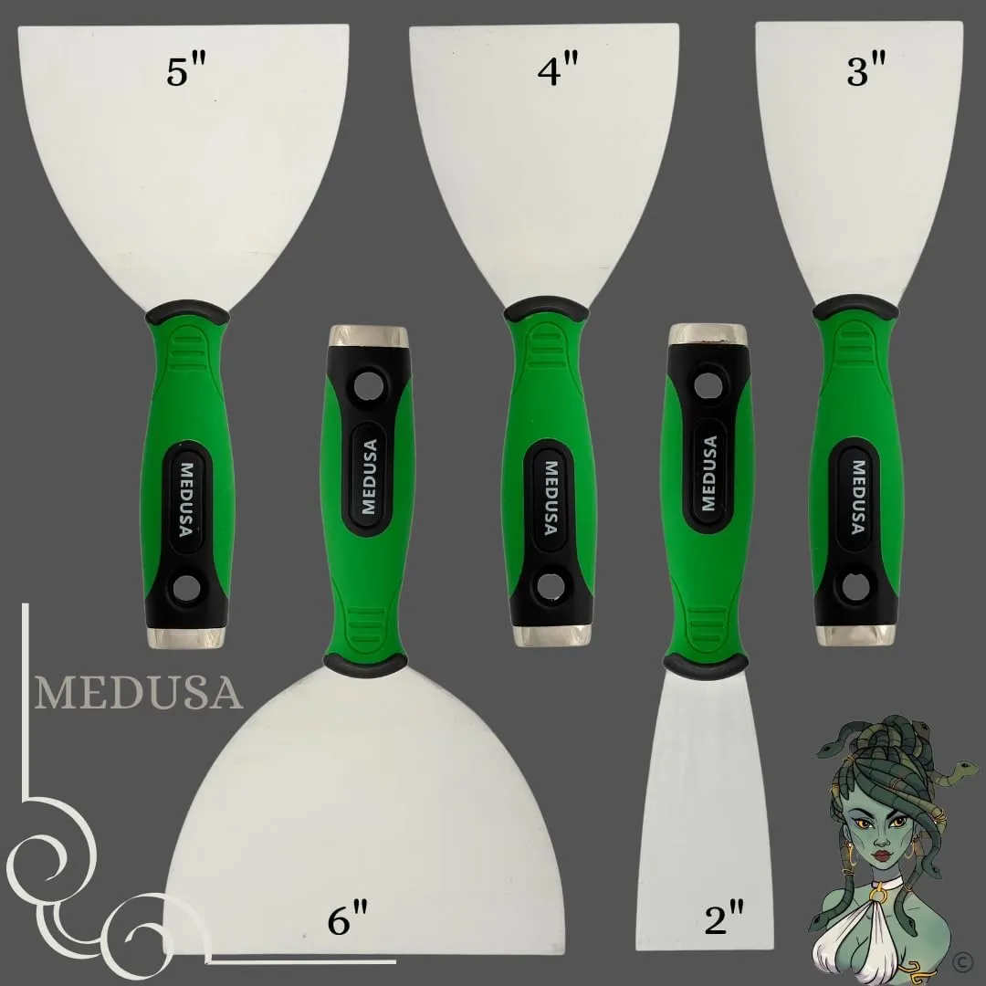 Medusa's Flexible Stainless Steel Drywall Taping Knife Set with 12" Mud Pan and Grip, Strong Flexible Putty Blades, 8 10 and 12" Coating Blades with Curved Handles Contoured to the Palm of Your Hand