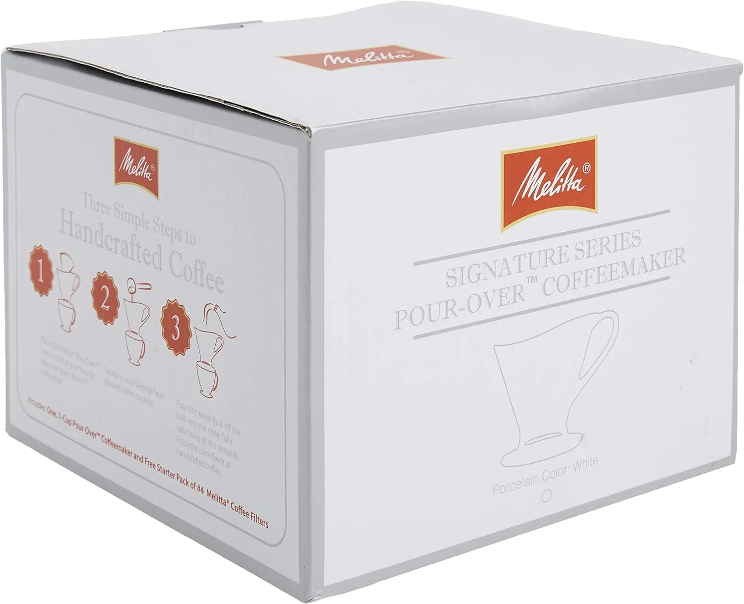 Melitta 1 Cup Porcelain Pour-Over Cone Coffeemaker, Glossy White