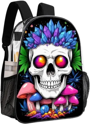 Men & Women Lightweight Magic Mushrooms Skull Art Casual Daypack Large Capacity Bookbag Transparent Bag for Gym Business Bicycle