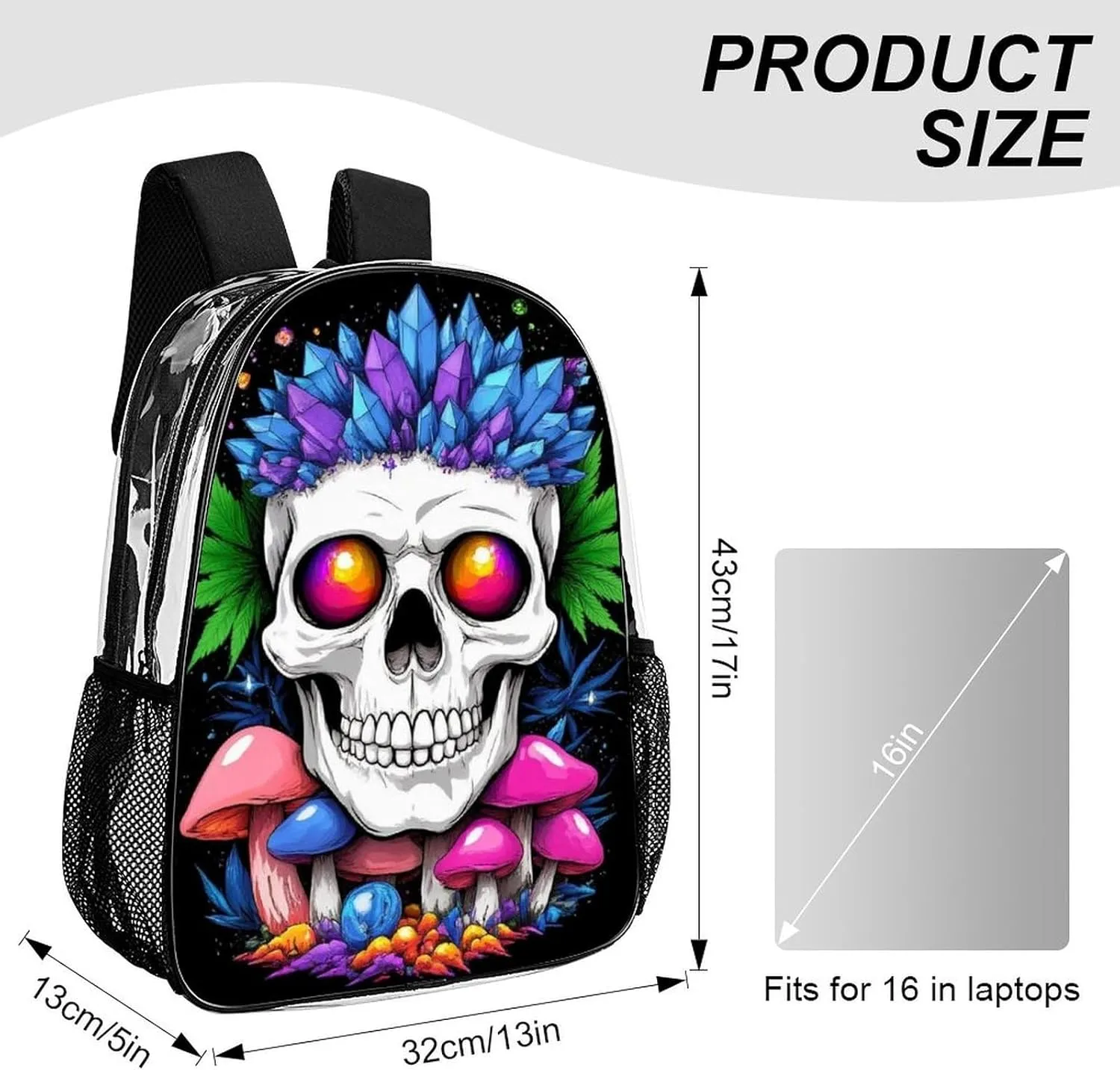 Men & Women Lightweight Magic Mushrooms Skull Art Casual Daypack Large Capacity Bookbag Transparent Bag for Gym Business Bicycle