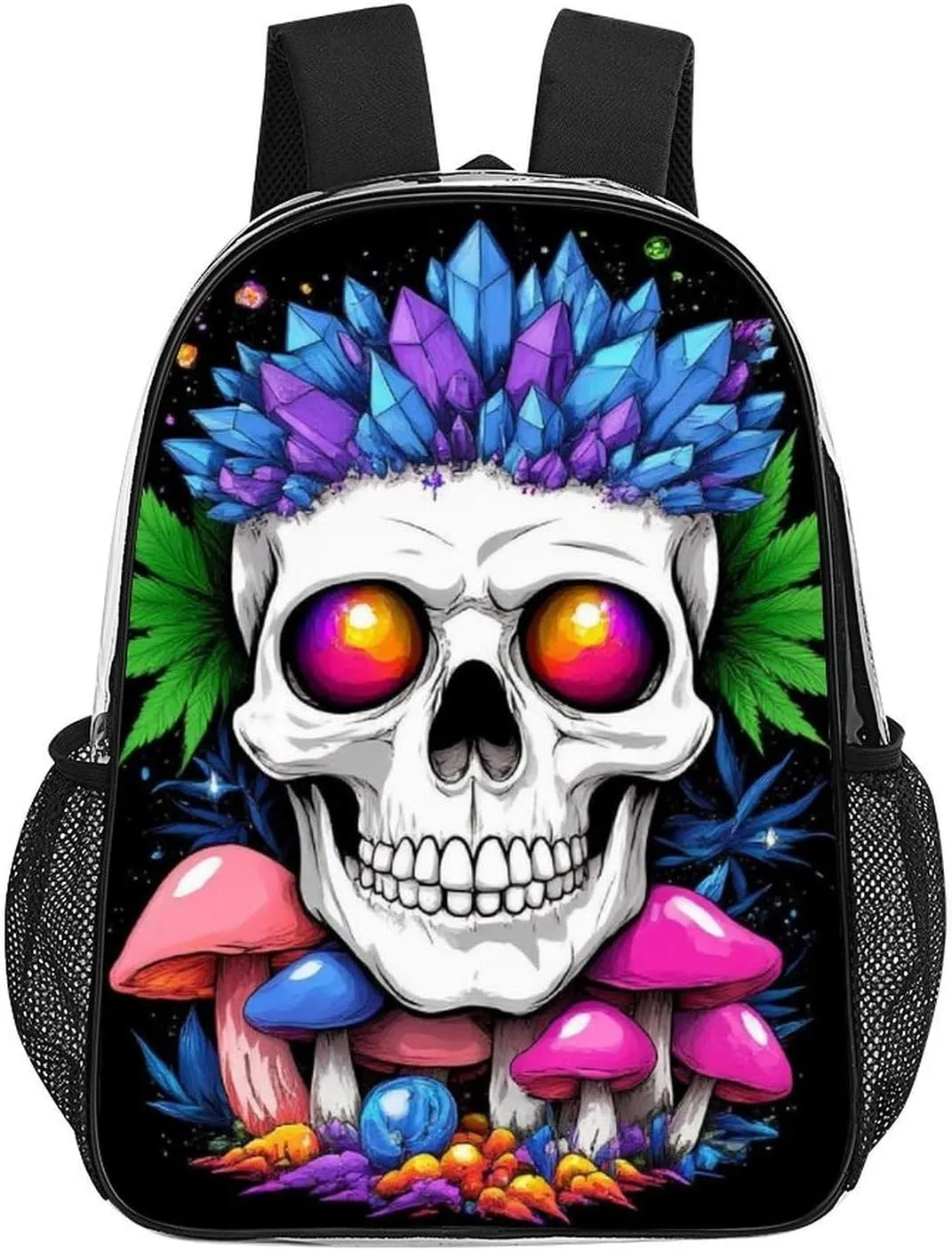 Men & Women Lightweight Magic Mushrooms Skull Art Casual Daypack Large Capacity Bookbag Transparent Bag for Gym Business Bicycle