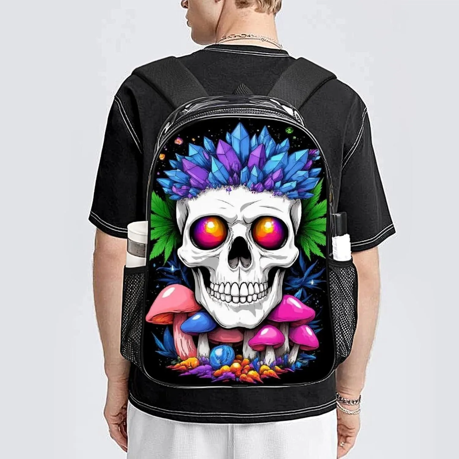 Men & Women Lightweight Magic Mushrooms Skull Art Casual Daypack Large Capacity Bookbag Transparent Bag for Gym Business Bicycle