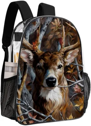 Men Women Lightweight Camo Elk Deer Withered Branches Casual Daypack Big Capacity Bookbag Transparent Bag for Gym Travel Walking Cycling