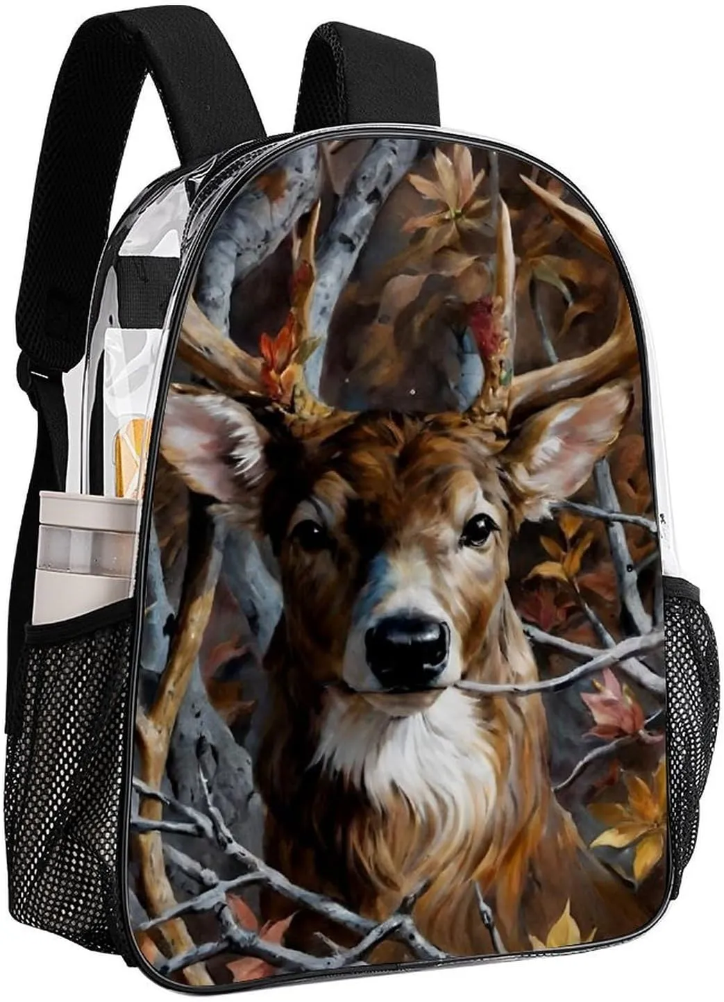 Men Women Lightweight Camo Elk Deer Withered Branches Casual Daypack Big Capacity Bookbag Transparent Bag for Gym Travel Walking Cycling