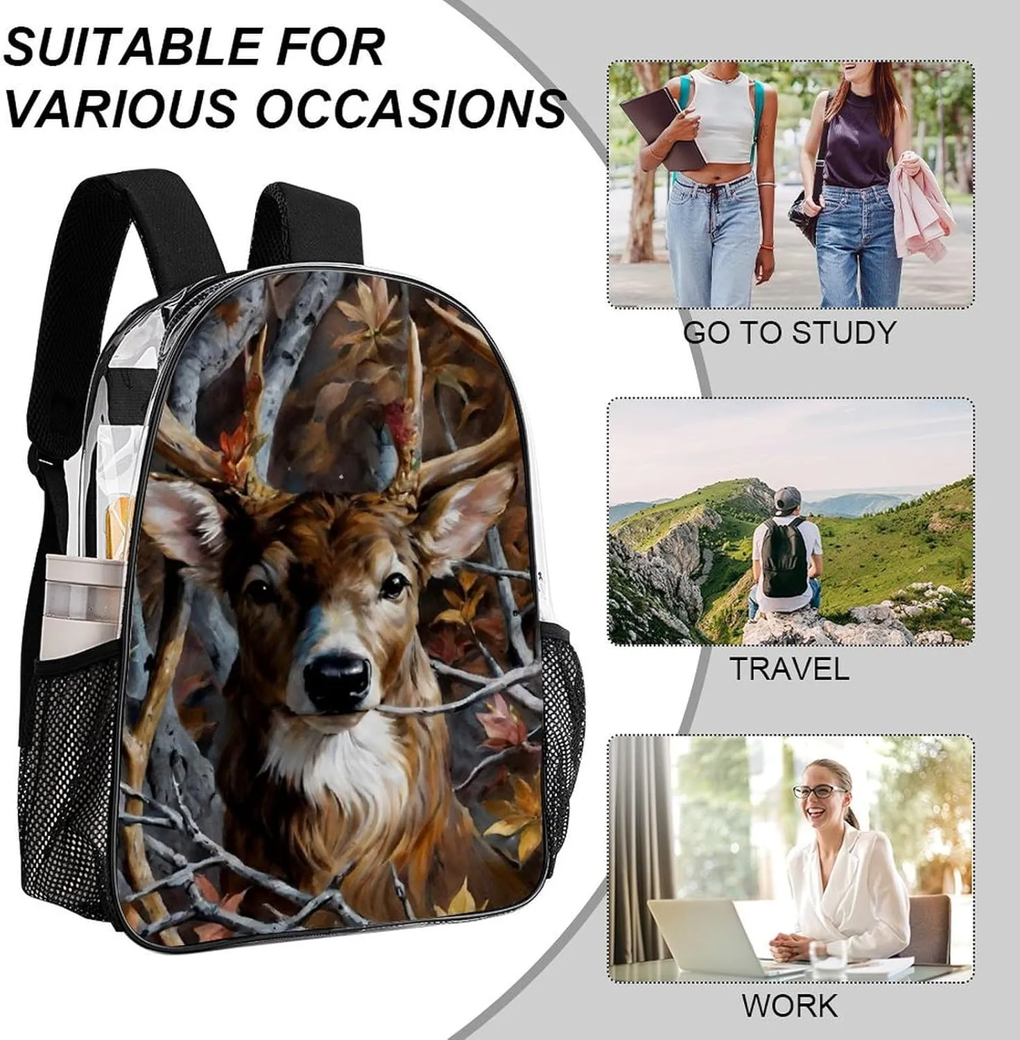 Men Women Lightweight Camo Elk Deer Withered Branches Casual Daypack Big Capacity Bookbag Transparent Bag for Gym Travel Walking Cycling