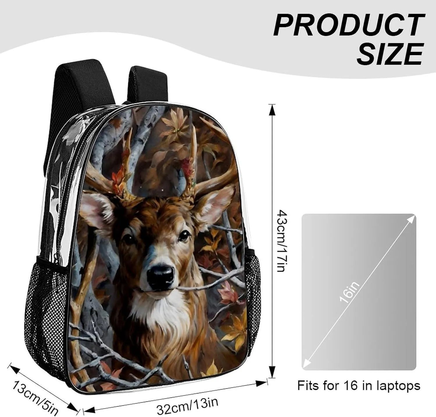 Men Women Lightweight Camo Elk Deer Withered Branches Casual Daypack Big Capacity Bookbag Transparent Bag for Gym Travel Walking Cycling
