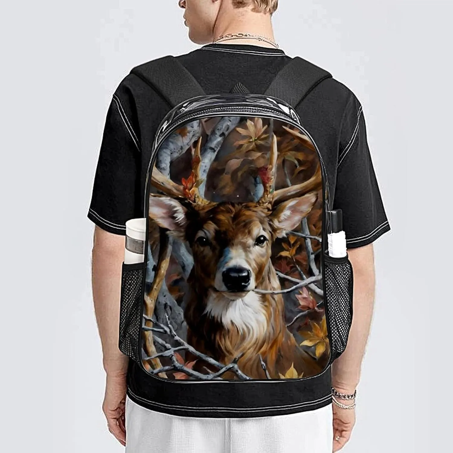Men Women Lightweight Camo Elk Deer Withered Branches Casual Daypack Big Capacity Bookbag Transparent Bag for Gym Travel Walking Cycling