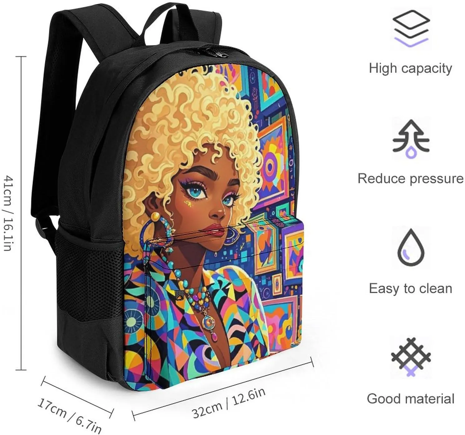 Men Women Lightweight Cool African American Woman Bold And Colorful Art Backpack Large Capacity Bookbag With Smooth Zippers for Gym Business Running