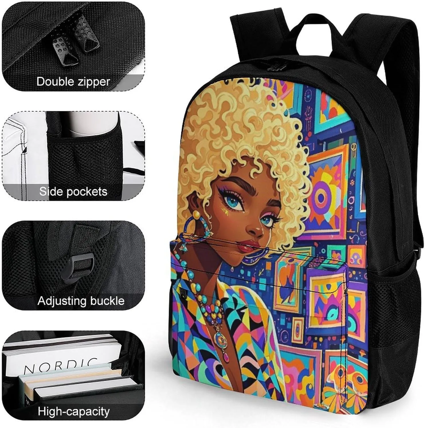 Men Women Lightweight Cool African American Woman Bold And Colorful Art Backpack Large Capacity Bookbag With Smooth Zippers for Gym Business Running