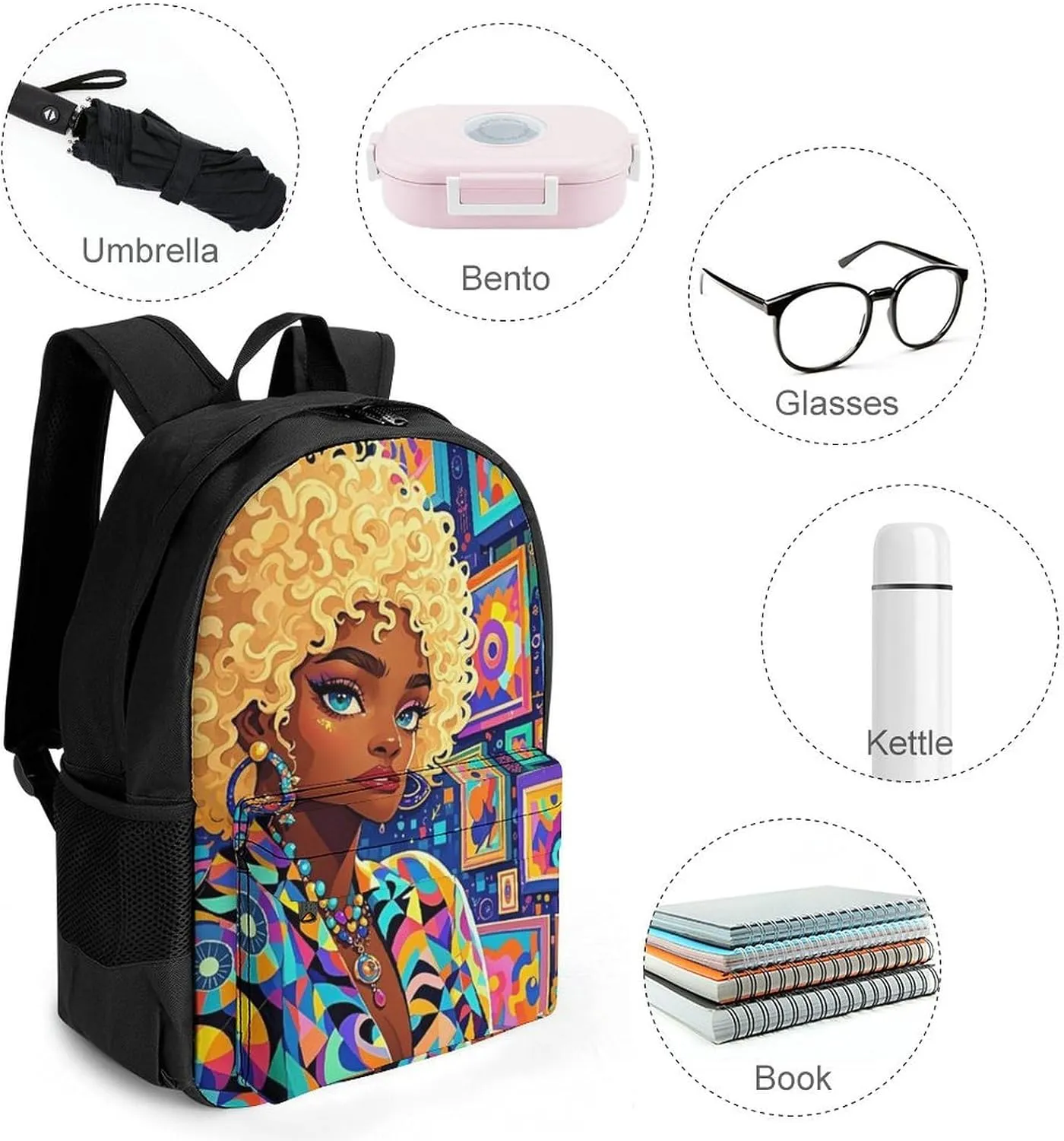 Men Women Lightweight Cool African American Woman Bold And Colorful Art Backpack Large Capacity Bookbag With Smooth Zippers for Gym Business Running