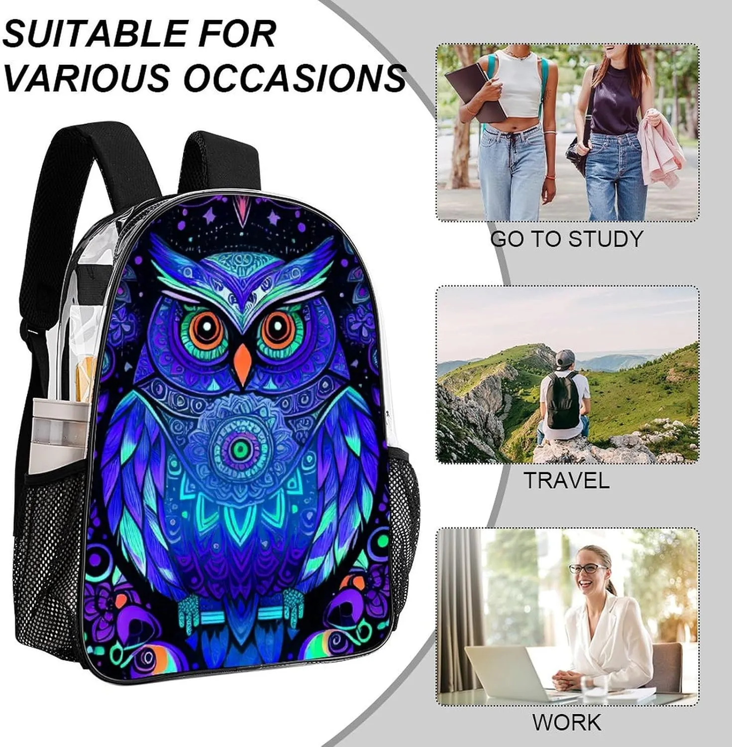 Men Women Lightweight Cute Abstract Owl Psychedelic Art Backpack Large Capacity Carry On Bag Transparent Bag for Sports Work Walking Cycling