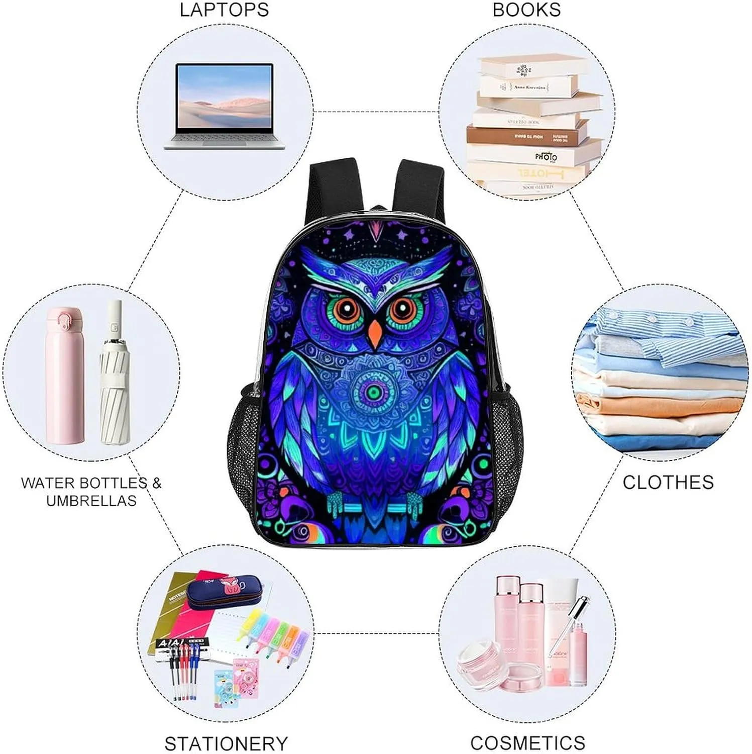 Men Women Lightweight Cute Abstract Owl Psychedelic Art Backpack Large Capacity Carry On Bag Transparent Bag for Sports Work Walking Cycling