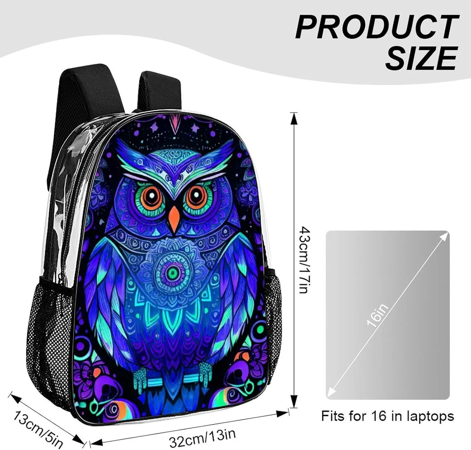 Men Women Lightweight Cute Abstract Owl Psychedelic Art Backpack Large Capacity Carry On Bag Transparent Bag for Sports Work Walking Cycling