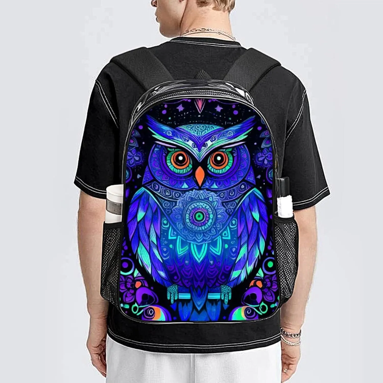 Men Women Lightweight Cute Abstract Owl Psychedelic Art Backpack Large Capacity Carry On Bag Transparent Bag for Sports Work Walking Cycling