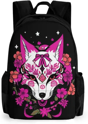 Men Women Lightweight Japanese Kitsune Fox Magical Flowers Art Daypack Bookbag Big Capacity Carry On Bag With Side Pockets for Camping Travel Bicycle