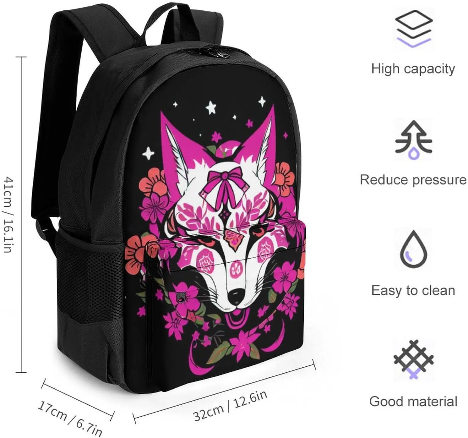 Men Women Lightweight Japanese Kitsune Fox Magical Flowers Art Daypack Bookbag Big Capacity Carry On Bag With Side Pockets for Camping Travel Bicycle