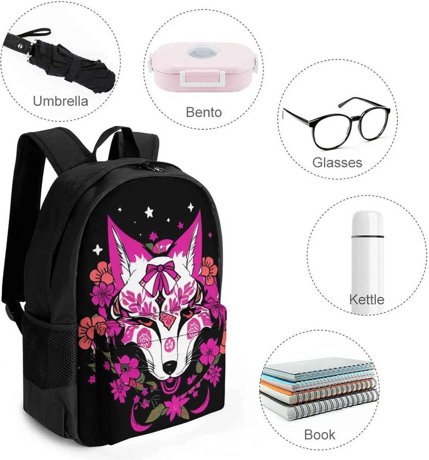 Men Women Lightweight Japanese Kitsune Fox Magical Flowers Art Daypack Bookbag Big Capacity Carry On Bag With Side Pockets for Camping Travel Bicycle