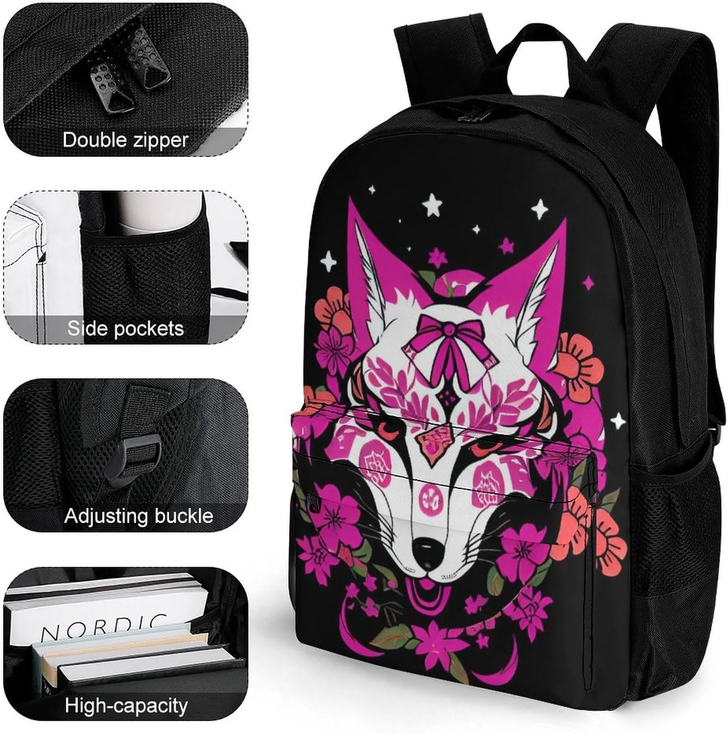 Men Women Lightweight Japanese Kitsune Fox Magical Flowers Art Daypack Bookbag Big Capacity Carry On Bag With Side Pockets for Camping Travel Bicycle