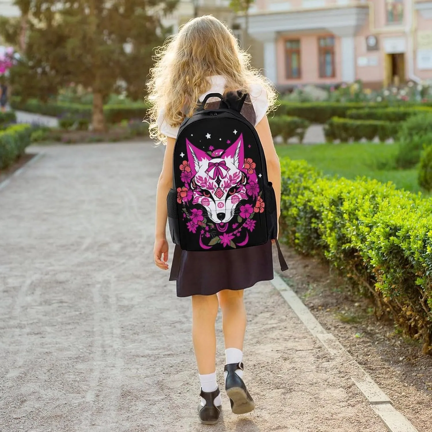 Men Women Lightweight Japanese Kitsune Fox Magical Flowers Art Daypack Bookbag Big Capacity Carry On Bag With Side Pockets for Camping Travel Bicycle