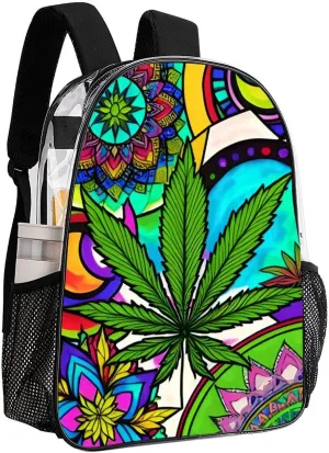 Men Women Lightweight Marijuanaweed Mandala Colorful Art Backpack Large Capacity Bookbag Transparent Bag for Gym Business Running