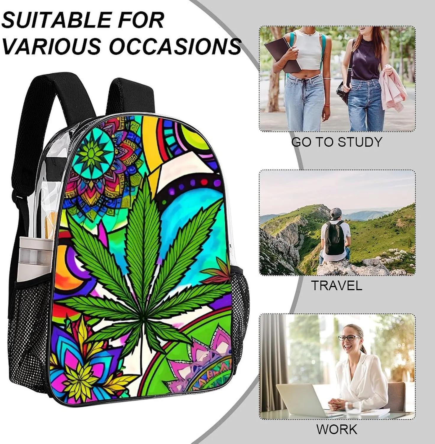 Men Women Lightweight Marijuanaweed Mandala Colorful Art Backpack Large Capacity Bookbag Transparent Bag for Gym Business Running
