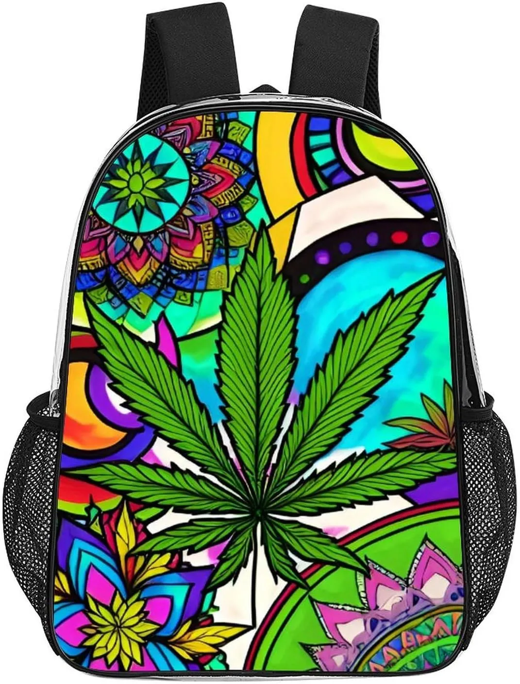 Men Women Lightweight Marijuanaweed Mandala Colorful Art Backpack Large Capacity Bookbag Transparent Bag for Gym Business Running