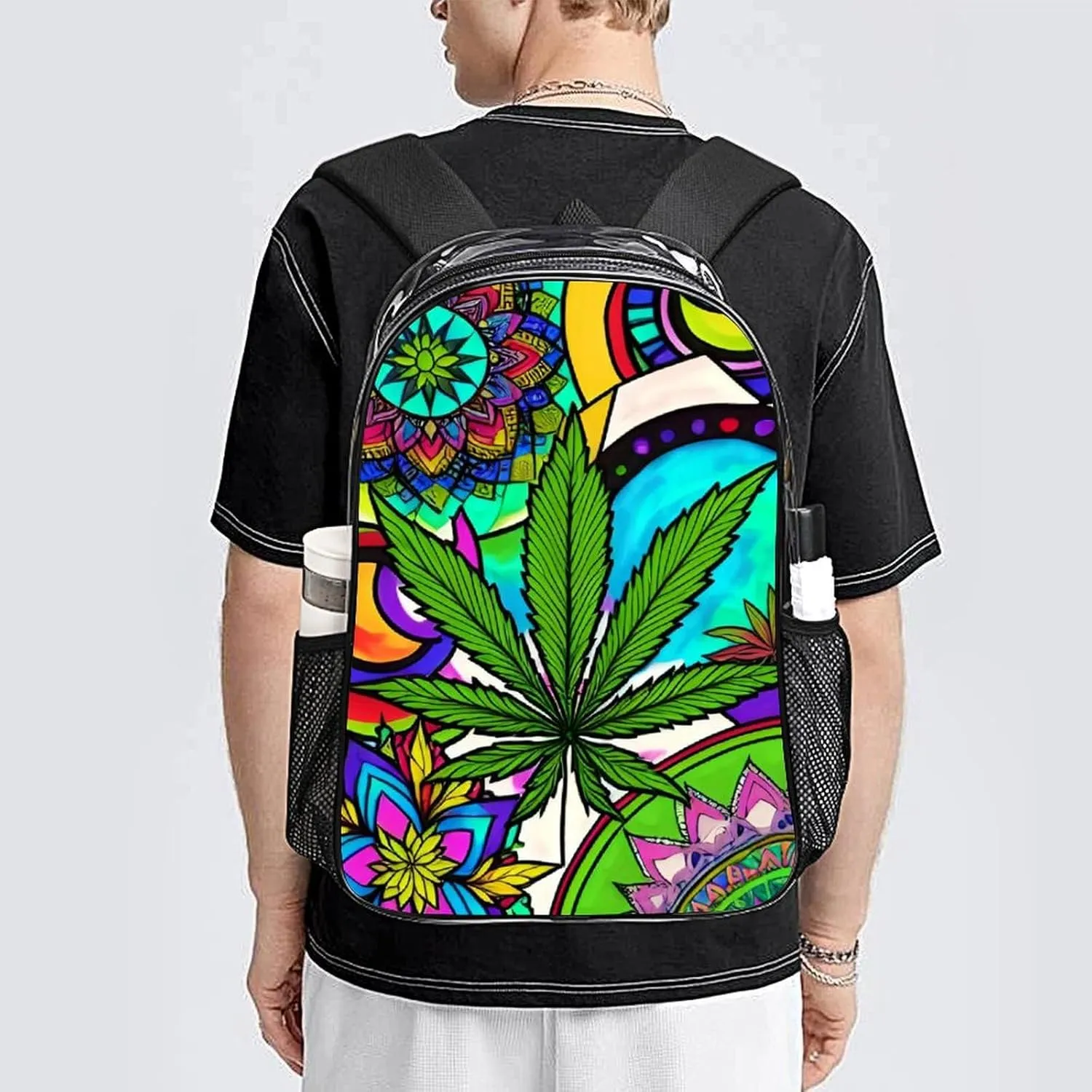 Men Women Lightweight Marijuanaweed Mandala Colorful Art Backpack Large Capacity Bookbag Transparent Bag for Gym Business Running