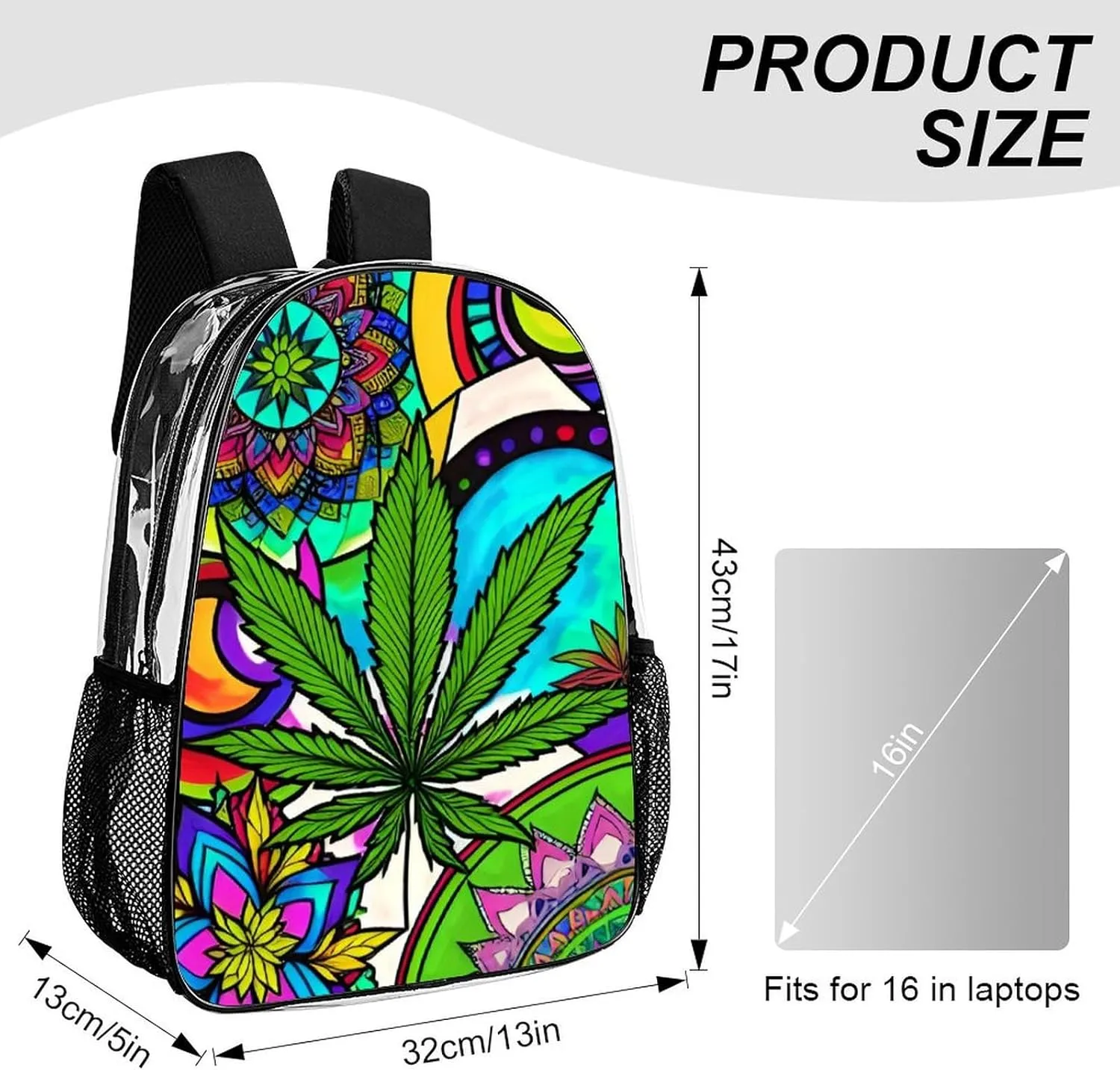 Men Women Lightweight Marijuanaweed Mandala Colorful Art Backpack Large Capacity Bookbag Transparent Bag for Gym Business Running