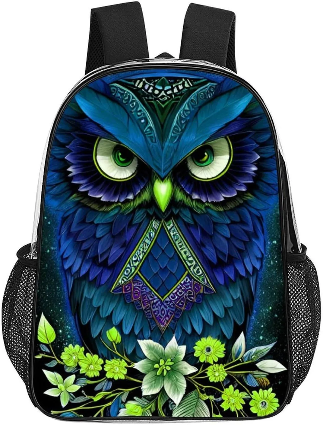 Men Women Transparent Blue Owl Floral Art Daypack Big Capacity Shoulder Bag With Smooth Zippers for Hiking Work Walking Cycling