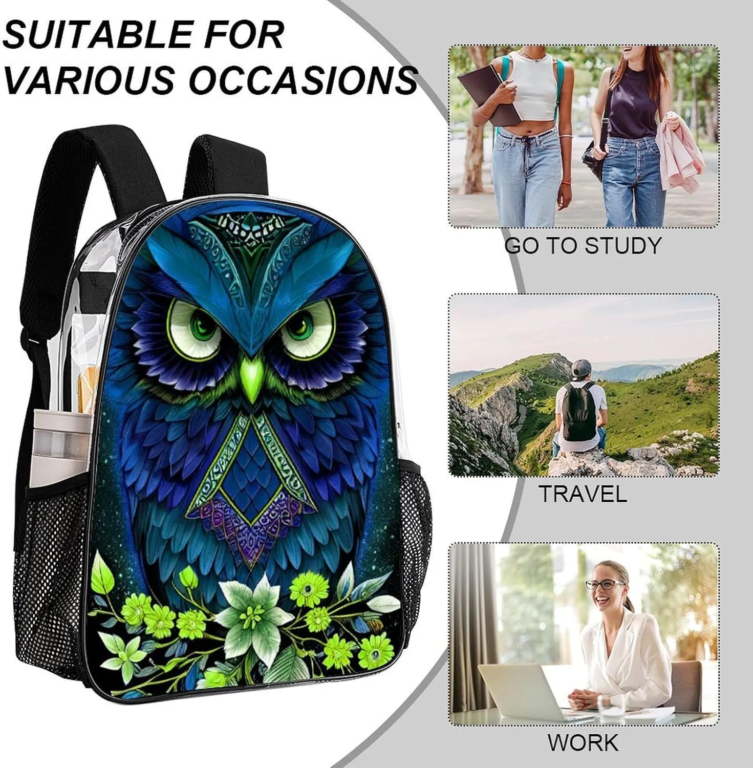 Men Women Transparent Blue Owl Floral Art Daypack Big Capacity Shoulder Bag With Smooth Zippers for Hiking Work Walking Cycling