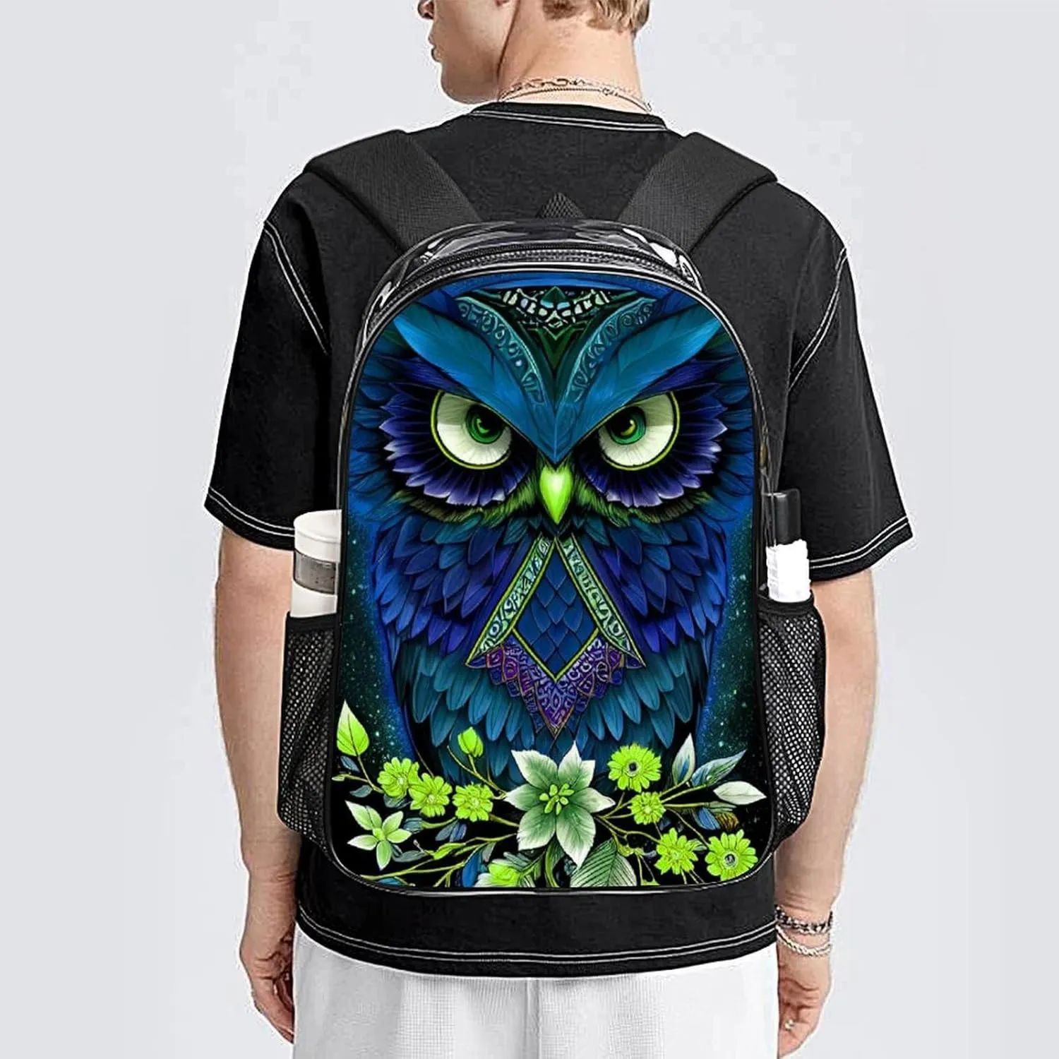 Men Women Transparent Blue Owl Floral Art Daypack Big Capacity Shoulder Bag With Smooth Zippers for Hiking Work Walking Cycling