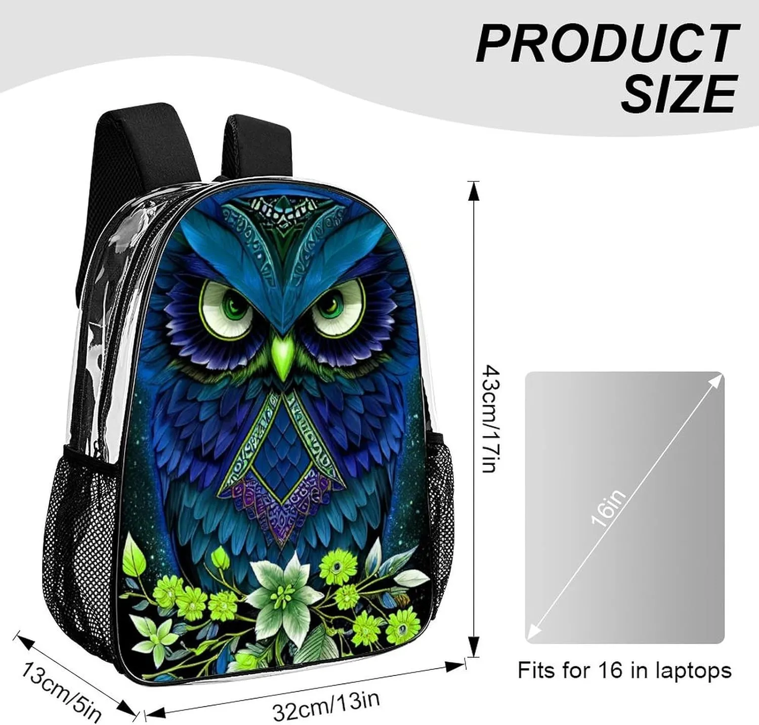 Men Women Transparent Blue Owl Floral Art Daypack Big Capacity Shoulder Bag With Smooth Zippers for Hiking Work Walking Cycling