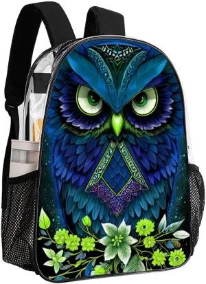 Men Women Transparent Blue Owl Floral Art Daypack Big Capacity Shoulder Bag With Smooth Zippers for Hiking Work Walking Cycling