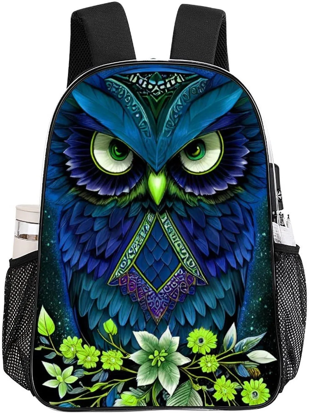 Men Women Transparent Blue Owl Floral Art Daypack Big Capacity Shoulder Bag With Smooth Zippers for Hiking Work Walking Cycling