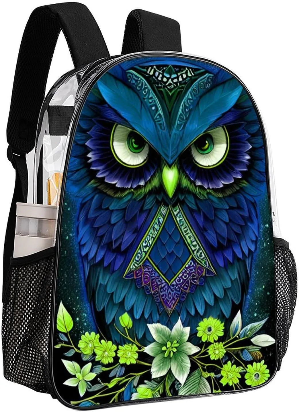 Men Women Transparent Blue Owl Floral Art Daypack Big Capacity Shoulder Bag With Smooth Zippers for Hiking Work Walking Cycling