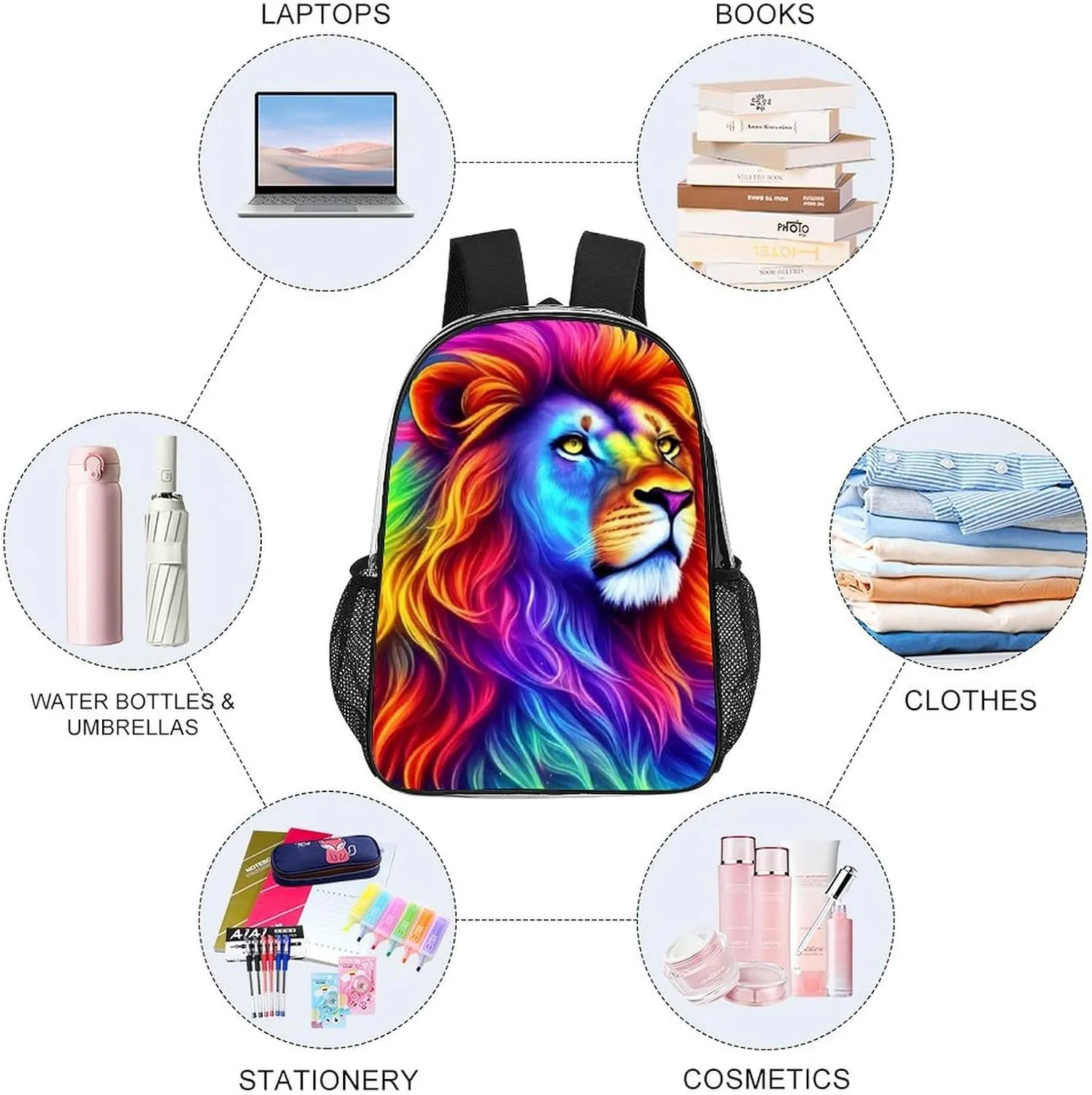 Men Women Transparent Cool Lion Rainbow Galaxy Surreal Style Art Daypack Bookbag Big Capacity Shoulder Bag With Padded Straps for Climbing Travel Walking Cycling